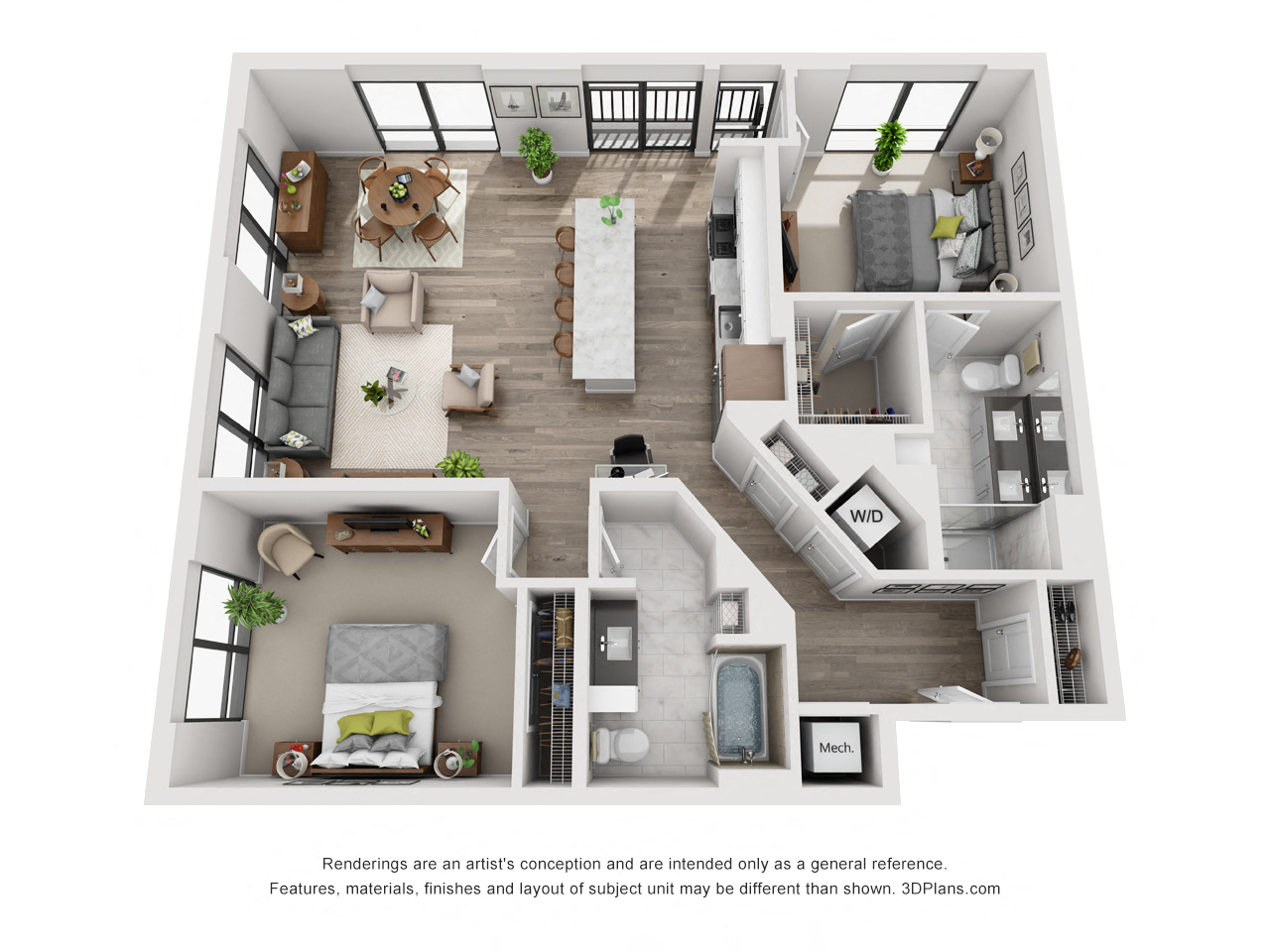 Floor plan for 2 beds, 2 baths, 1264 sqft